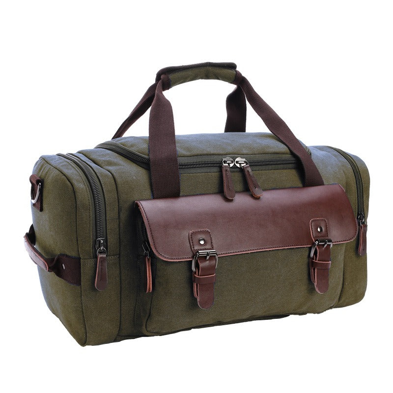 Vintage PU Leather & Canvas Duffle Bag – Large Capacity Travel Tote (46 × 25 × 23 cm), Zipper Closure