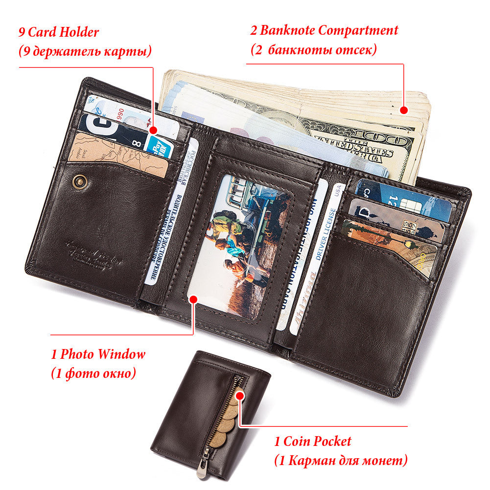 RFID‑Blocking Cowhide Leather Zipper Wallet – Multi‑Card Coin & Passport Organizer