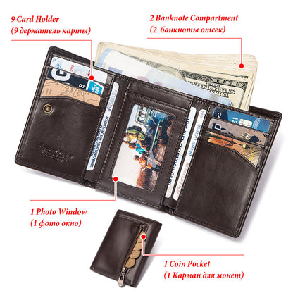RFID‑Blocking Cowhide Leather Zipper Wallet – Multi‑Card Coin & Passport Organizer