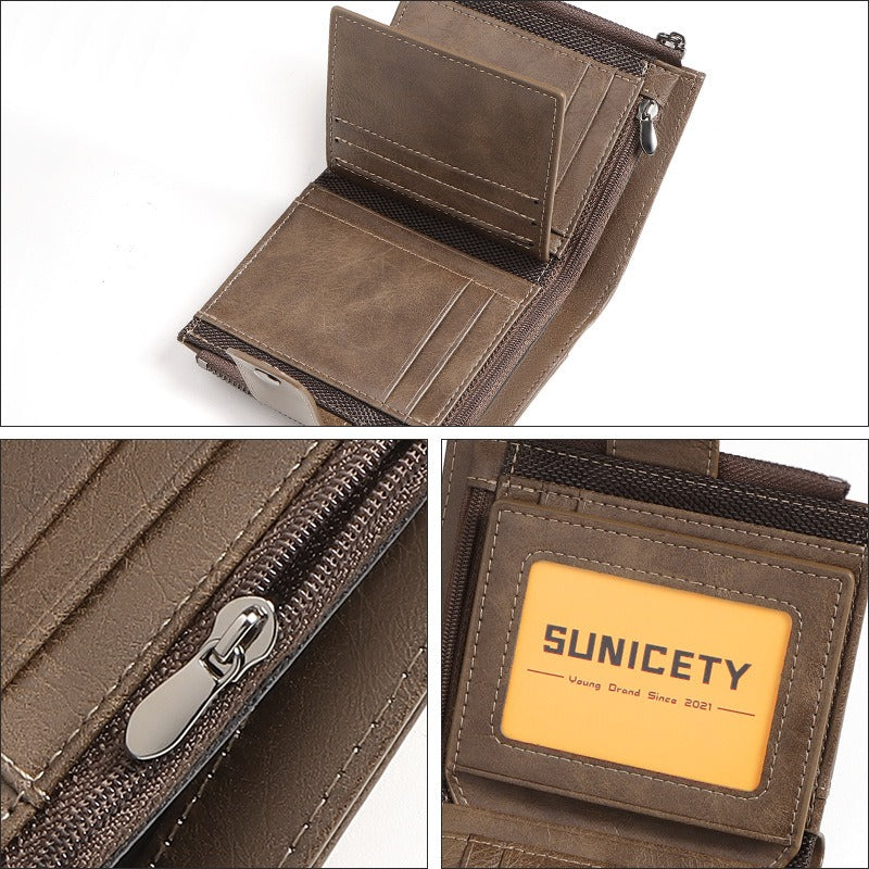 Anti-Theft Brush Business Leather Wallet – Thin, Short PU Leather, Retro Style, Multi-Function with Concealed Compartments & Rivets