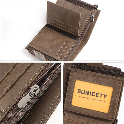 Anti-Theft Brush Business Leather Wallet – Thin, Short PU Leather, Retro Style, Multi-Function with Concealed Compartments & Rivets