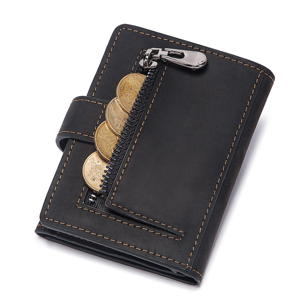 Coin Purse Metal Card Case – Leather Credit Card Holder, ID Sleeve, Zipper Buckle, Multiple Compartments, Retro European & American Style