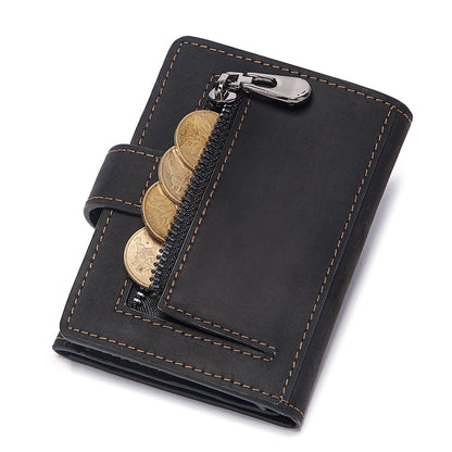 Coin Purse Metal Card Case – Leather Credit Card Holder, ID Sleeve, Zipper Buckle, Multiple Compartments, Retro European & American Style