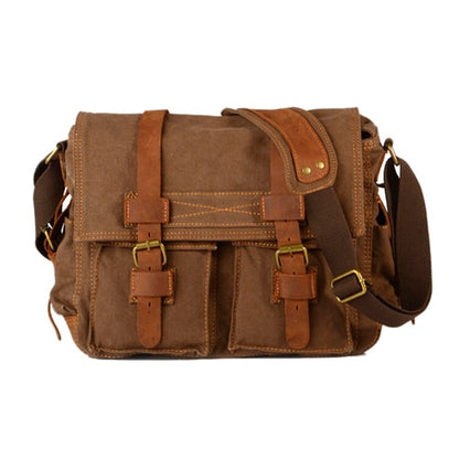 Men's Vintage Military-Style Canvas Messenger Bag – Durable Cotton Canvas, Leather Accents, Adjustable Crossbody Strap, 33×27×7 cm
