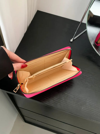 PU Leather Solid Color Wallet – Zipper Closure, Multiple Compartments, Stylish, Casual, Available in Black, Brown, White, Hot Pink