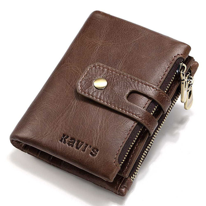 Leather Wallet KAVIS Fashion Short Men – Top Layer Cowhide, Zipper Buckle, 2-Fold Wallet, Retro Style, Available in Coffee Color