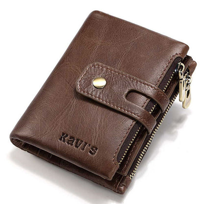 Leather Wallet KAVIS Fashion Short Men – Top Layer Cowhide, Zipper Buckle, 2-Fold Wallet, Retro Style, Available in Coffee Color