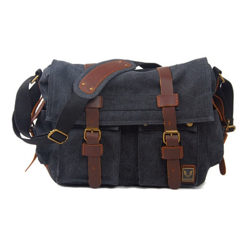 Men's Vintage Military-Style Canvas Messenger Bag – Durable Cotton Canvas, Leather Accents, Adjustable Crossbody Strap, 33×27×7 cm