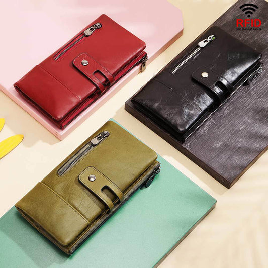 Fashion Ladies Wallet – First Layer Leather, Casual Long Phone Bag, Zipper Buckle, Multiple Compartments, Available in Red, Green, Black