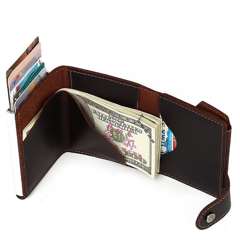 Retro Crazy Horse Leather RFID Card Sleeve – Vintage Automatic Pop-Up Credit/ID Holder, Slim Anti-Theft Wallet, Unisex