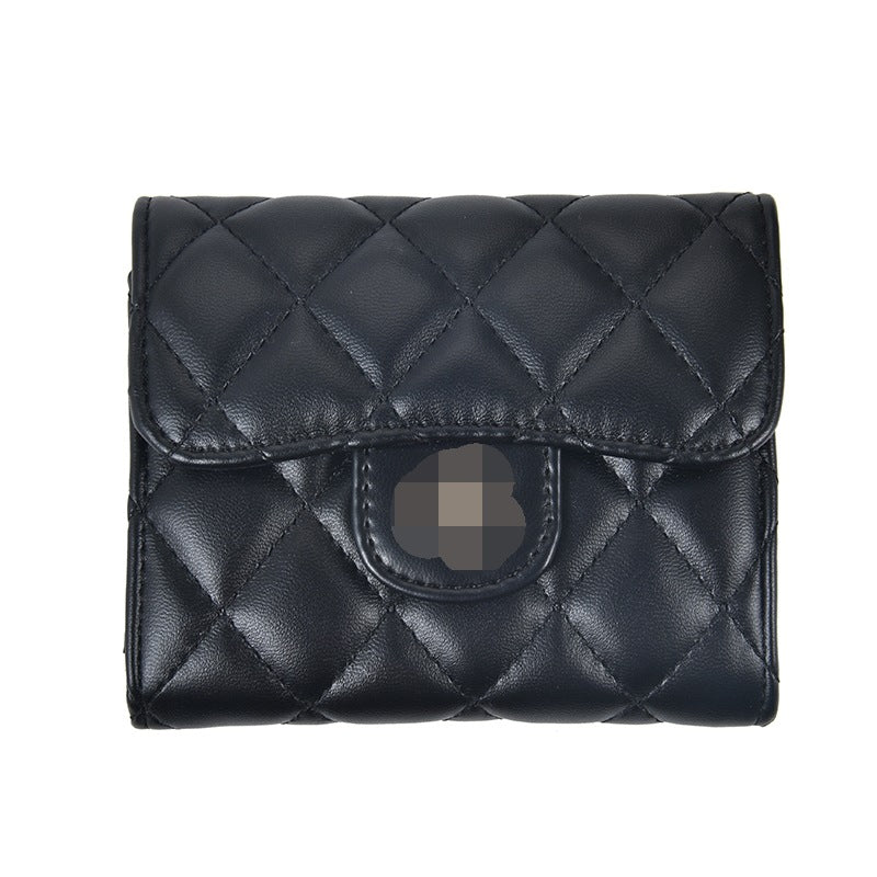 Small Fragrance Folding Wallet for Women – PU Leather, Zipper Closure, Embroidered Stripes, Compact, Stylish, Available in Black