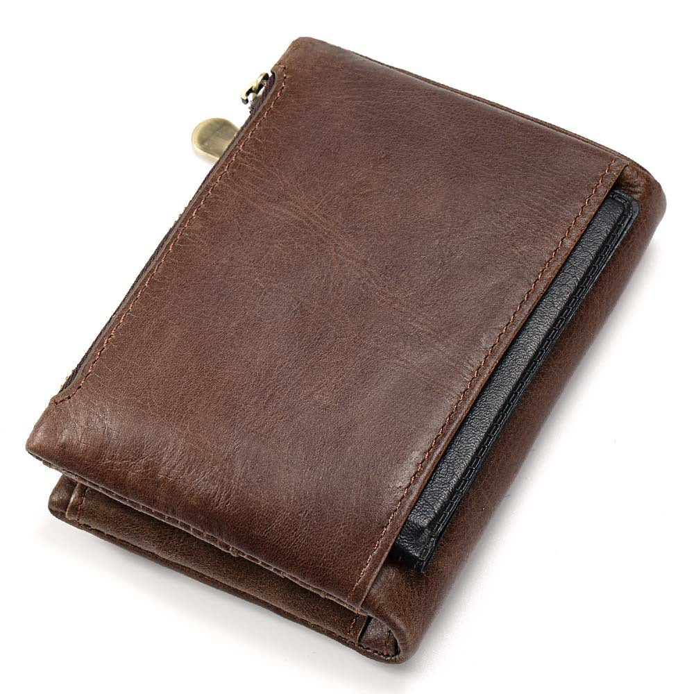 Leather Wallet KAVIS Fashion Short Men – Top Layer Cowhide, Zipper Buckle, 2-Fold Wallet, Retro Style, Available in Coffee Color