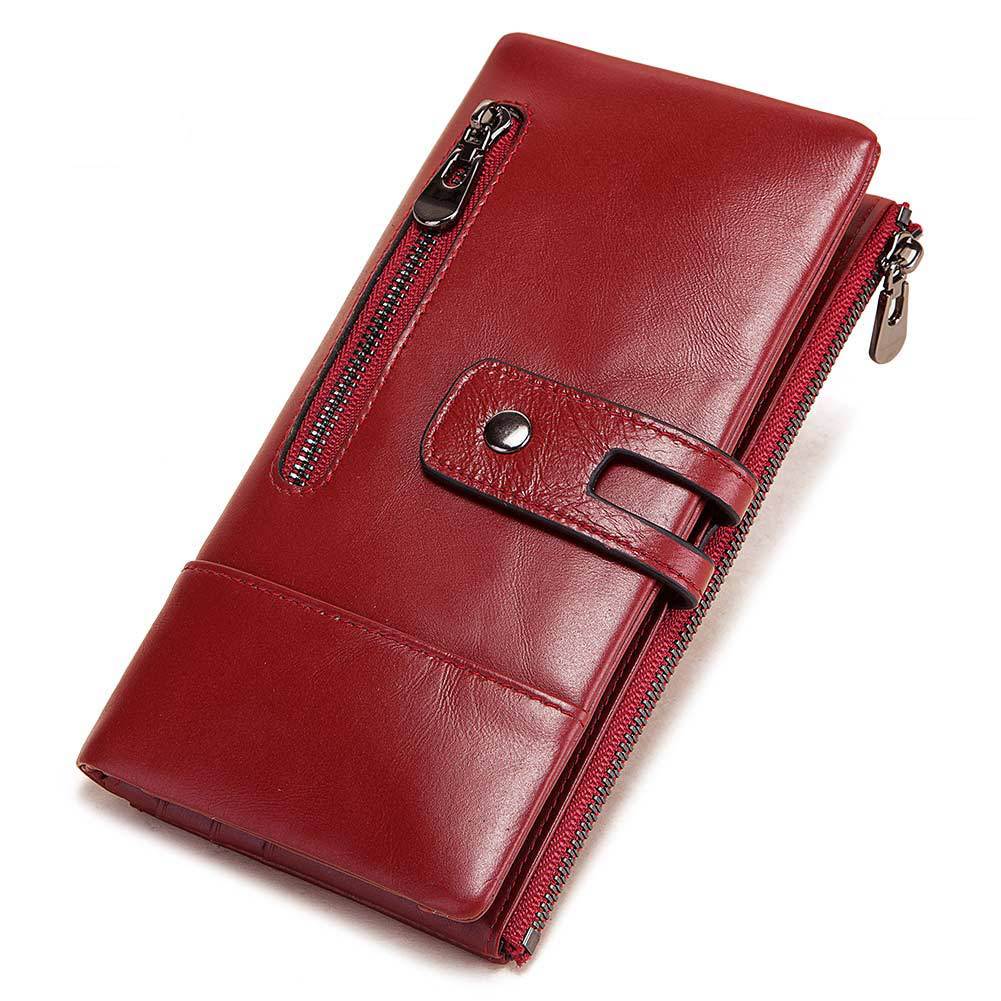 Fashion Ladies Wallet – First Layer Leather, Casual Long Phone Bag, Zipper Buckle, Multiple Compartments, Available in Red, Green, Black