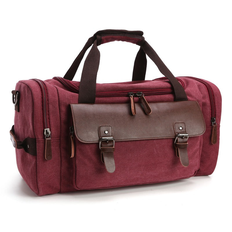 Vintage PU Leather & Canvas Duffle Bag – Large Capacity Travel Tote (46 × 25 × 23 cm), Zipper Closure