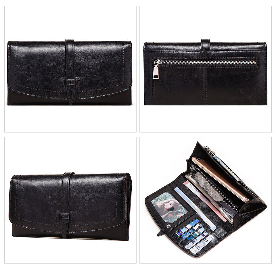 Ladies Leather RFID Long-Zipper Retro Wallet – Premium Cowhide, Multiple Card Slots & Passport Pocket (7.5″ x 4″)