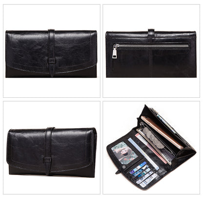 Ladies Leather RFID Long-Zipper Retro Wallet – Premium Cowhide, Multiple Card Slots & Passport Pocket (7.5″ x 4″)